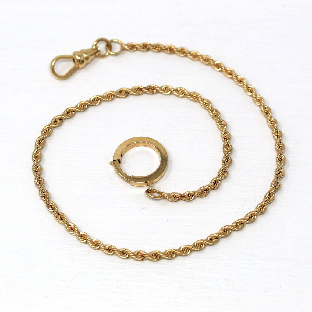 Pocket Watch Chain - Retro 14k Yellow Gold Swivel Clip Spring Ring Clasp Choker Necklace - Vintage Circa 1940s French Rope Chain 40s Jewelry