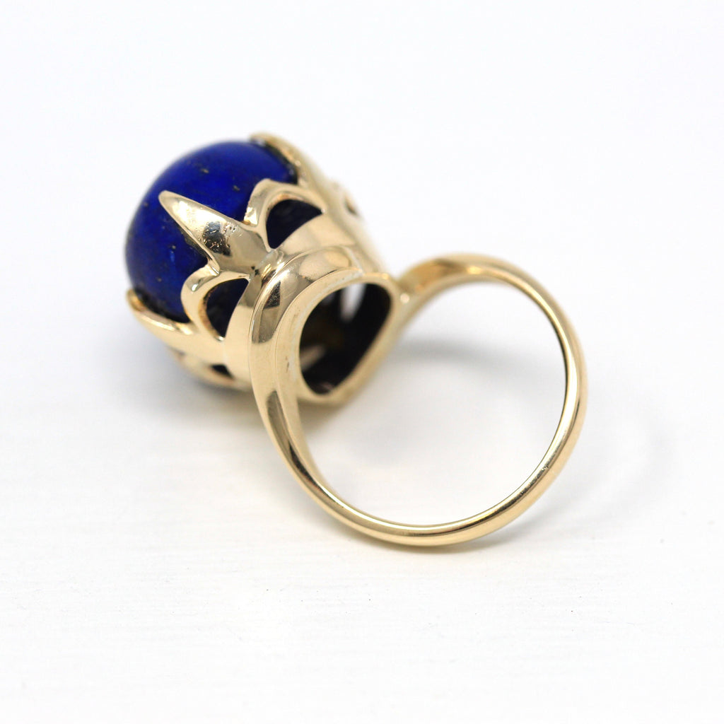 Genuine Lapis Lazuli Ring - Vintage 10k Yellow Gold Large Oval 13.67 Ct Blue Gem Cabochon Statement - 1970s Size 6 Gemstone 70s Fine Jewelry
