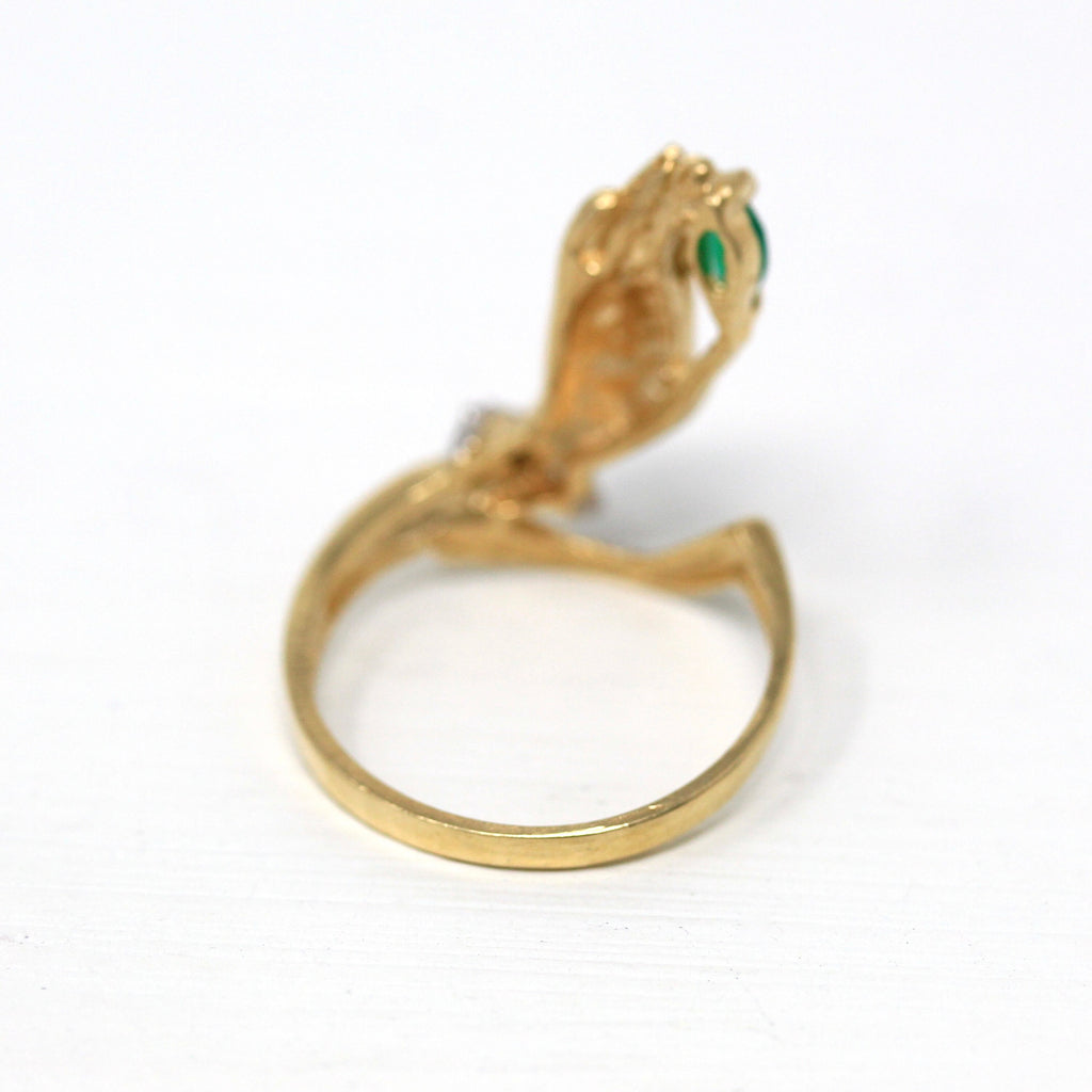 Estate Hand Ring - Modern 14k Yellow Gold Victorian Style Holding Simulated Emerald - Circa 2000s Era Size 7 Fine Symbolic Figural Jewelry