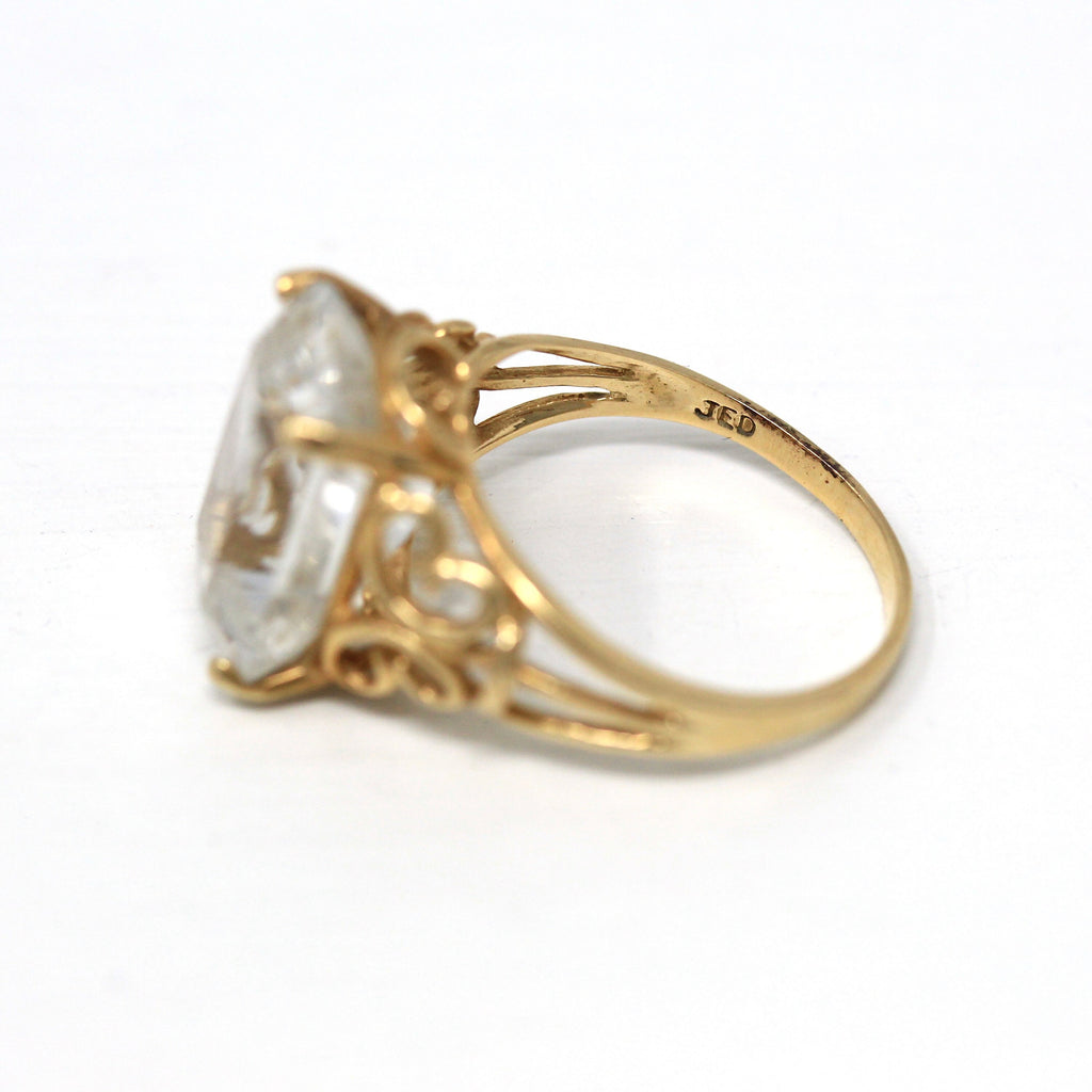 Blue Topaz Ring - Modern 14k Yellow Gold Emerald Cut 10.83 CT Pale Genuine Gem Butterfly - Estate Circa 2000's Era Size 7 1/2 Fine Jewelry