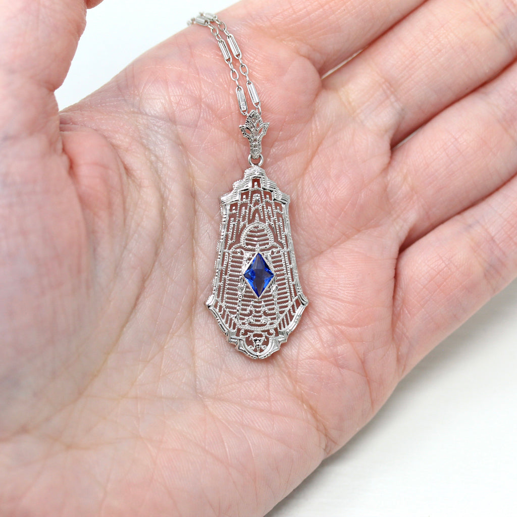Art Deco Necklace - Antique 10k White Gold Marquise Cut Blue Glass Stone Pendant - Vintage Circa 1920s Era Filigree Statement 20s Jewelry