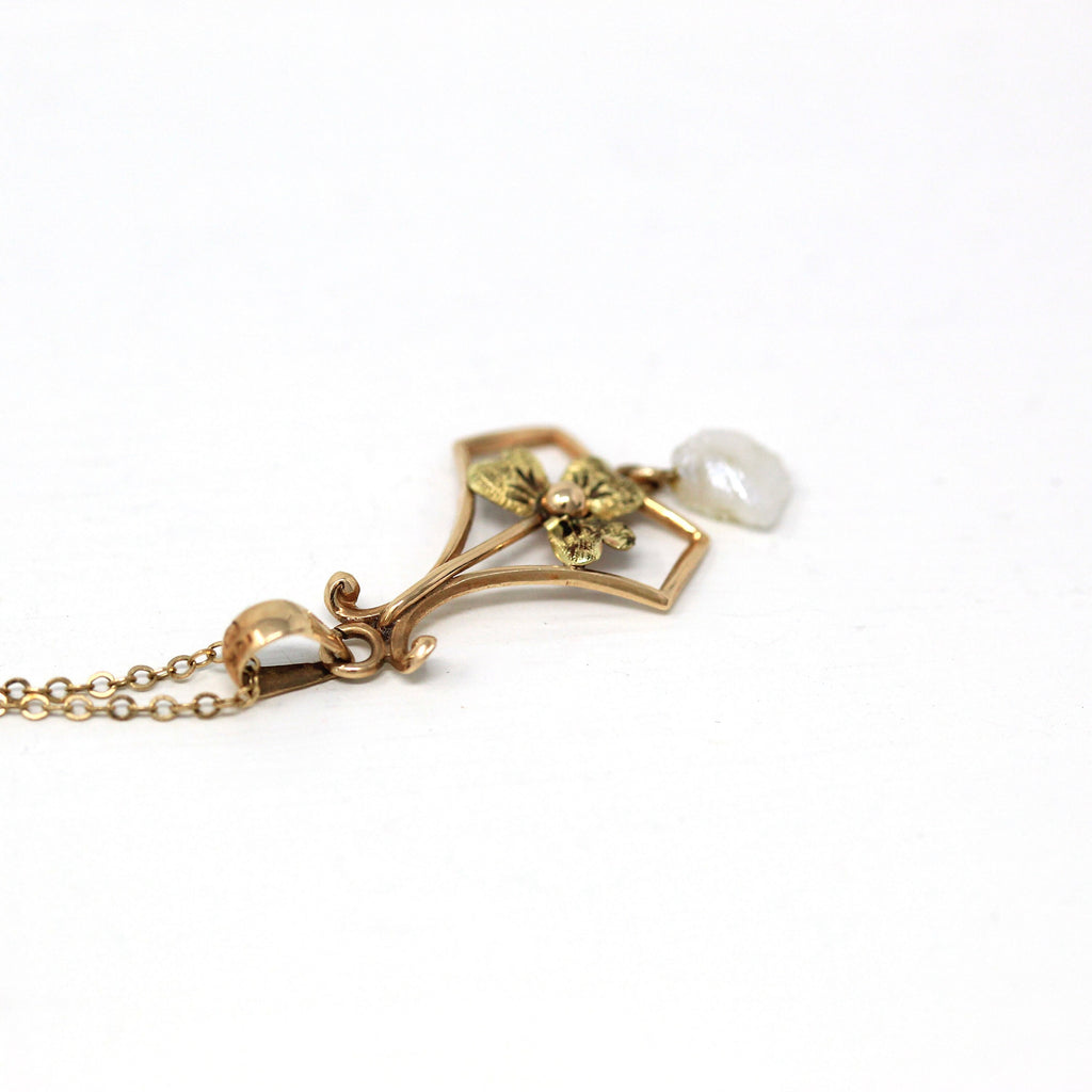 Antique Lavalier Necklace - Edwardian 10k Yellow Gold Baroque Pearl Pendant - Circa 1910s Era Green Leaf Bow Motif Art Nouveau Fine Jewelry
