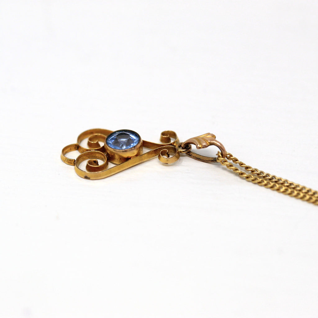 Simulated Zircon Lavalier - Retro 12k Gold Filled Round Faceted Blue Glass Stone Pendant - Vintage Circa 1940s Era Necklace 40s Jewelry