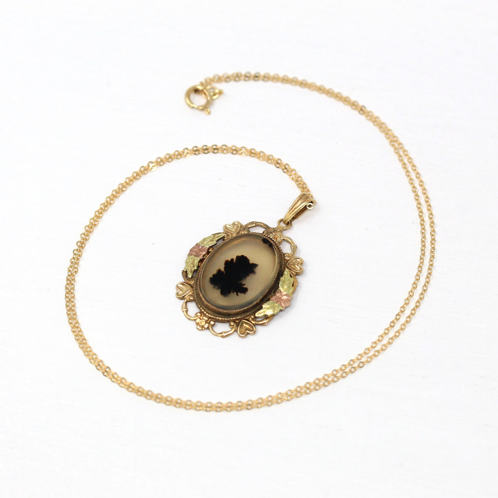 Vintage Agate Pendant - Retro 12k Yellow Gold Filled Genuine Black Gemstone Floral Necklace - Circa 1940s Era Flower 40s Gem LSP Co Jewelry