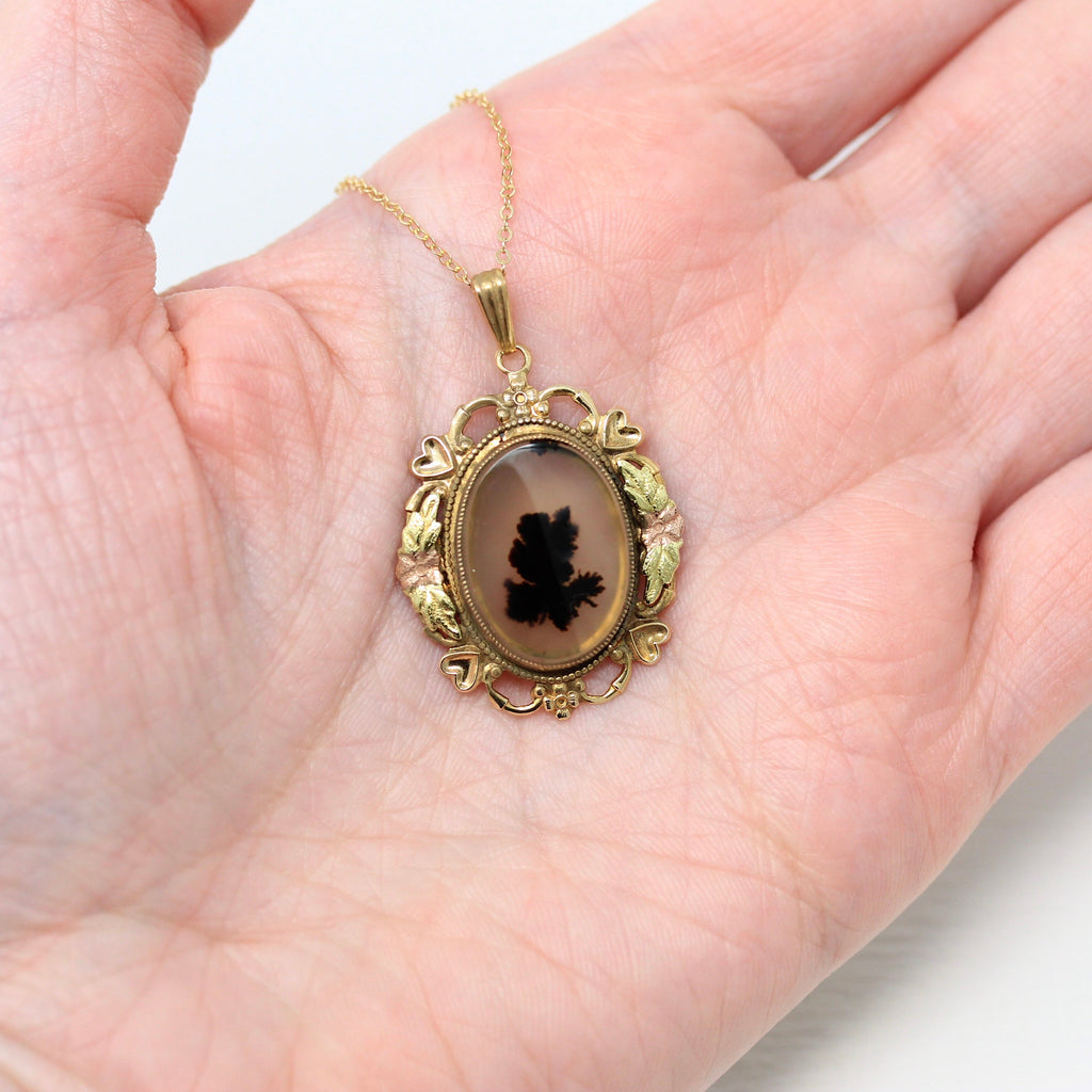 Vintage Agate Pendant - Retro 12k Yellow Gold Filled Genuine Black Gemstone Floral Necklace - Circa 1940s Era Flower 40s Gem LSP Co Jewelry
