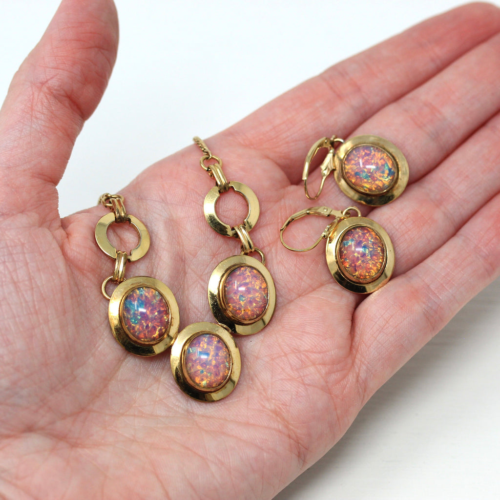 Vintage Jewelry Set - Retro 14k Gold Filled Simulated Opal Pink Rainbow Glass - Circa 1960s Era Dangle Drop Earrings Necklace 60s Jewelry
