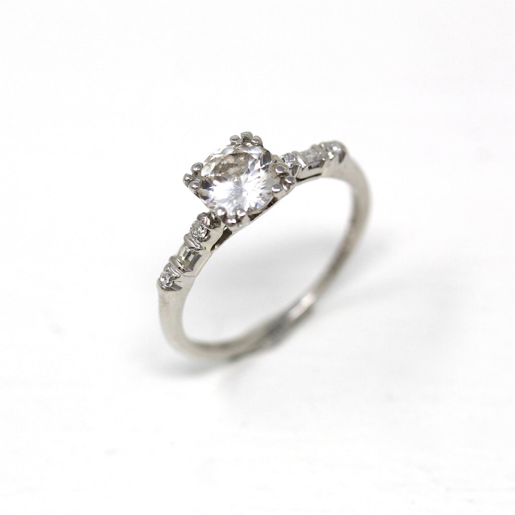 Natural White Sapphire Ring - Vintage Platinum 1.13 ct White Sapphire Engagement - Vintage 1950s Size 7 Diamond Accent Fine Bridal Jewelry