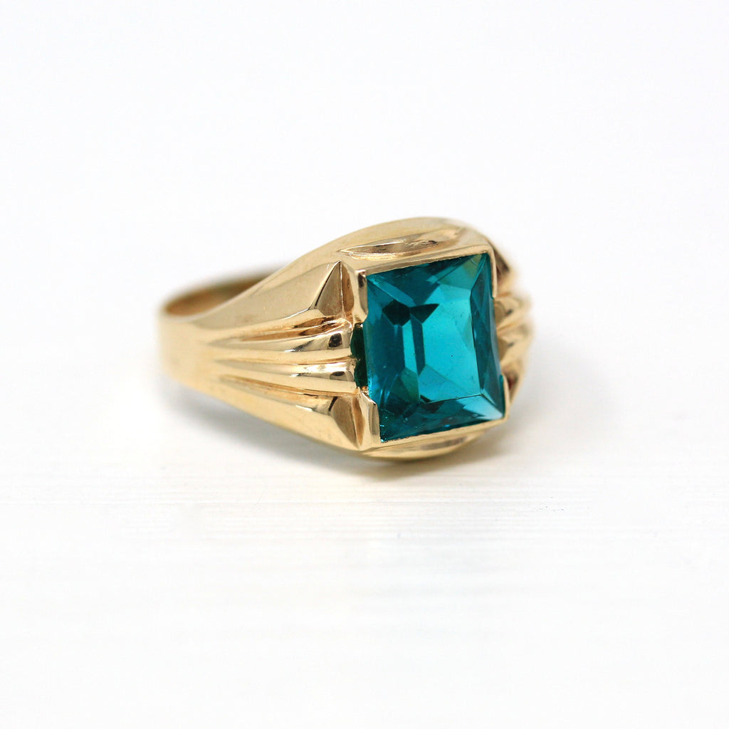 Simulated Emerald Ring - Retro 10k Yellow Gold Rectangular Faceted Green Glass Stone - Vintage 1960s Size 5 1/4 New Old Stock Fine Jewelry