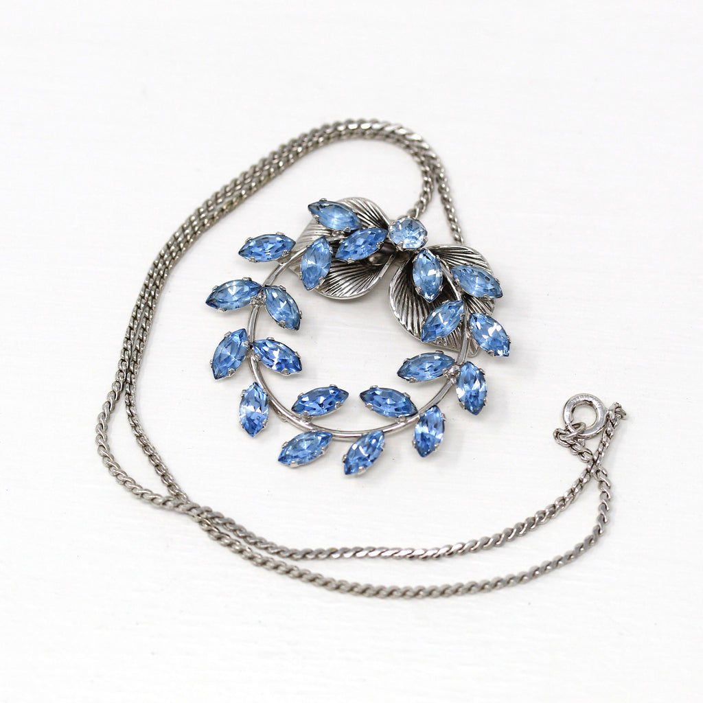 Van Dell Necklace - Vintage Sterling Silver Blue Glass Rhinestones Wreath - Mid Century Circa 1950s Era 15 1/2 " Fashion Accessory Jewelry