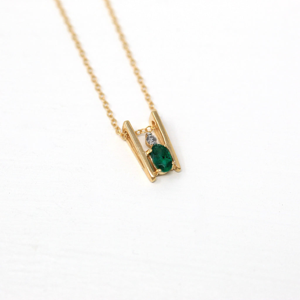 Genuine Emerald Charm - Modern 14k Yellow Gold .01 CT Diamond Gem Pendant Necklace - Estate Circa 2000s Era Dainty Slide Style Fine Jewelry