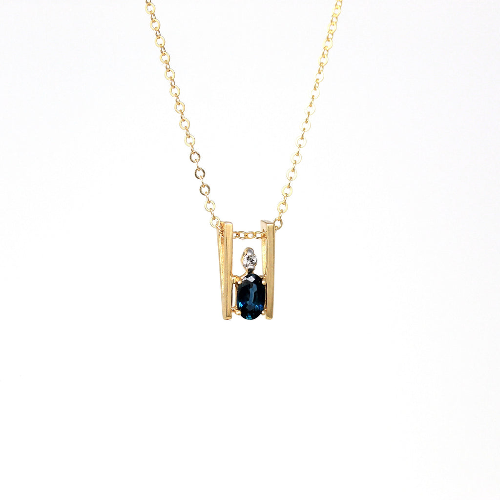Created Sapphire Charm - Modern 14k Yellow Gold .01 CT Diamond Gem Pendant Necklace - Estate Circa 2000s Era Dainty Slide Style Fine Jewelry