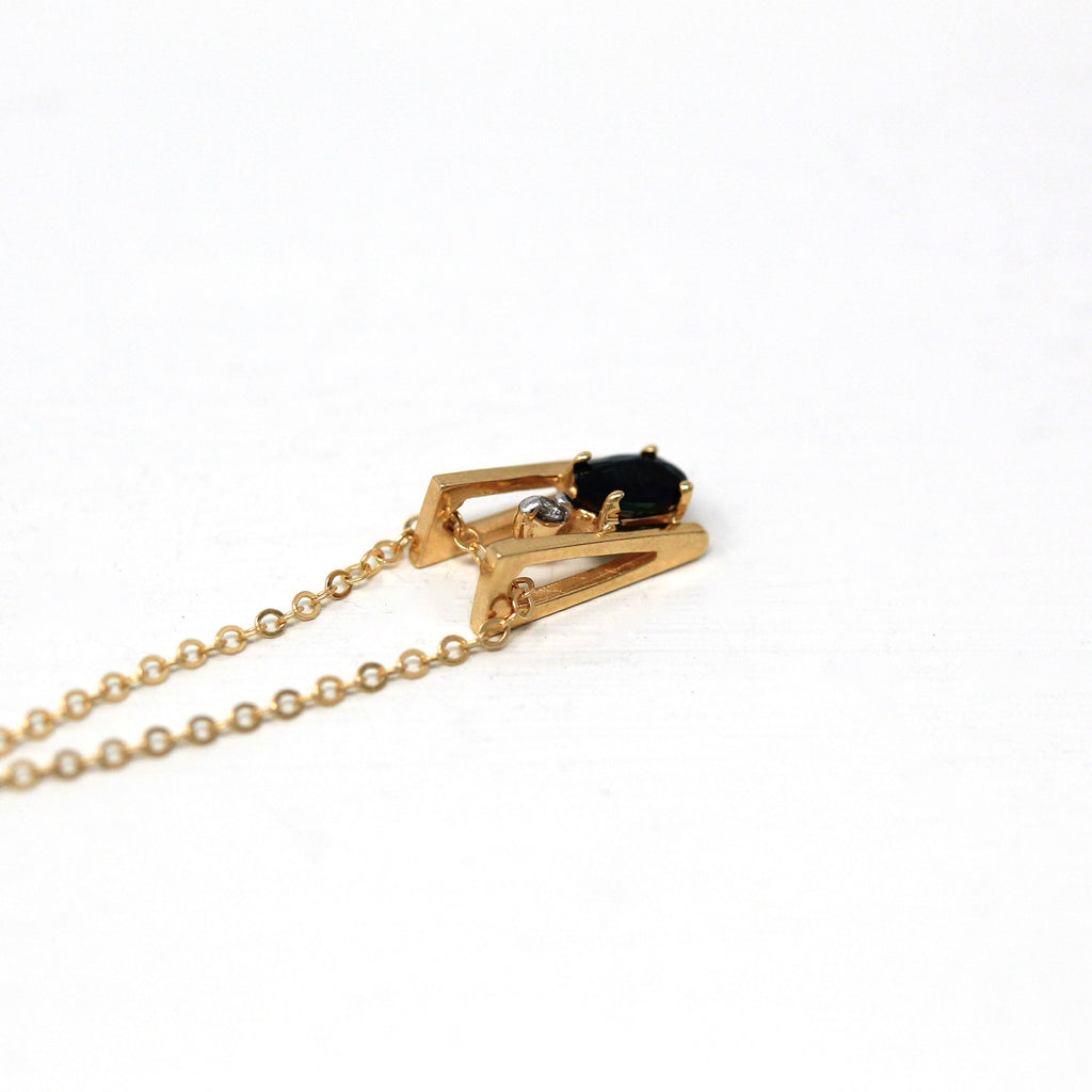 Created Sapphire Charm - Modern 14k Yellow Gold .01 CT Diamond Gem Pendant Necklace - Estate Circa 2000s Era Dainty Slide Style Fine Jewelry