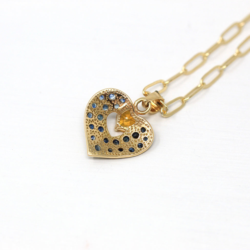Sapphire Heart Pendant - Estate 14k Yellow Gold Genuine Blue & Orange Gems Necklace - Modern Circa 1990s September Birthstone Fine Jewelry