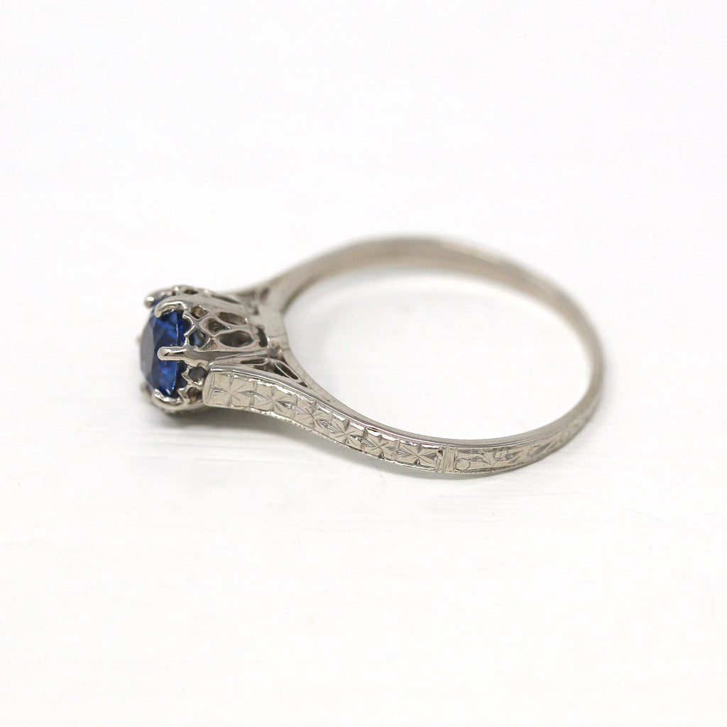 Genuine Sapphire Ring - Art Deco Platinum Round Faceted .79 CT Blue Gemstone - Vintage 1920s Era Size 6 1/2 Solitaire Fine 20s Jewelry