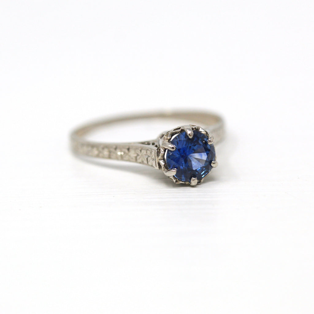 Genuine Sapphire Ring - Art Deco Platinum Round Faceted .79 CT Blue Gemstone - Vintage 1920s Era Size 6 1/2 Solitaire Fine 20s Jewelry