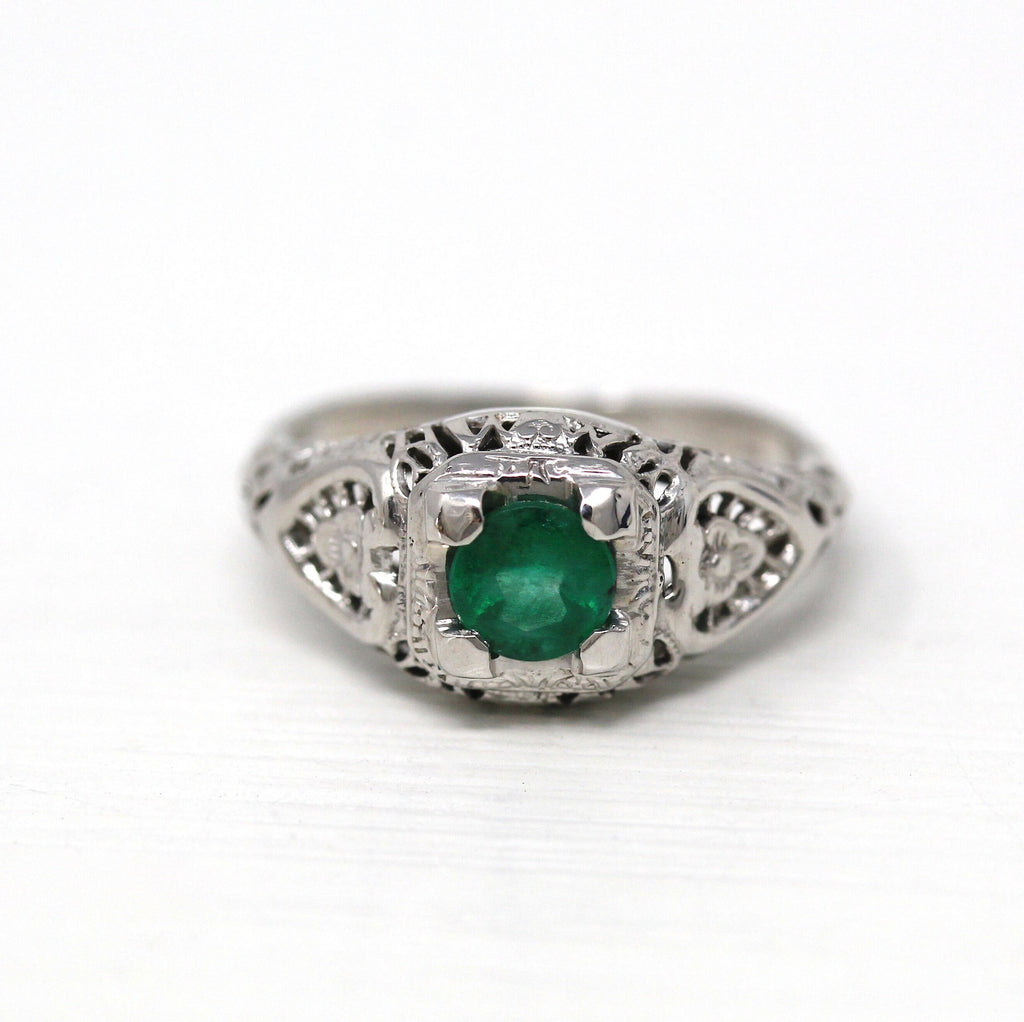 Vintage Belais Emerald Ring - Art Deco Era 18k White Gold Filigree Floral Engagement - Circa 1930s Size 4 Green .40 CT Gemstone Fine Jewelry