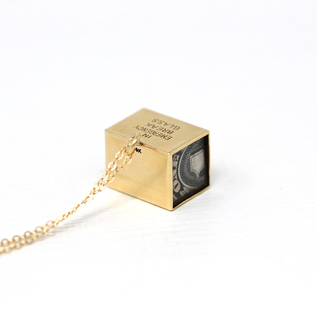 Mad Money Charm - Mid Century 14k Yellow Gold Pendant "In Emergency Break Glass" - Vintage Circa 1950s Era Dollar Bill Fine Necklace Jewelry