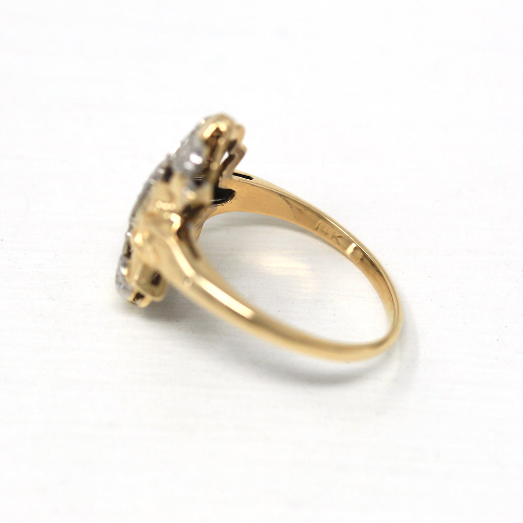 Bow Shield Ring - Art Deco Era 14k Yellow & White Gold .04 CTW Diamond Gems - Vintage Circa 1940s Size 5.5 Navette Flower Fine Jewelry