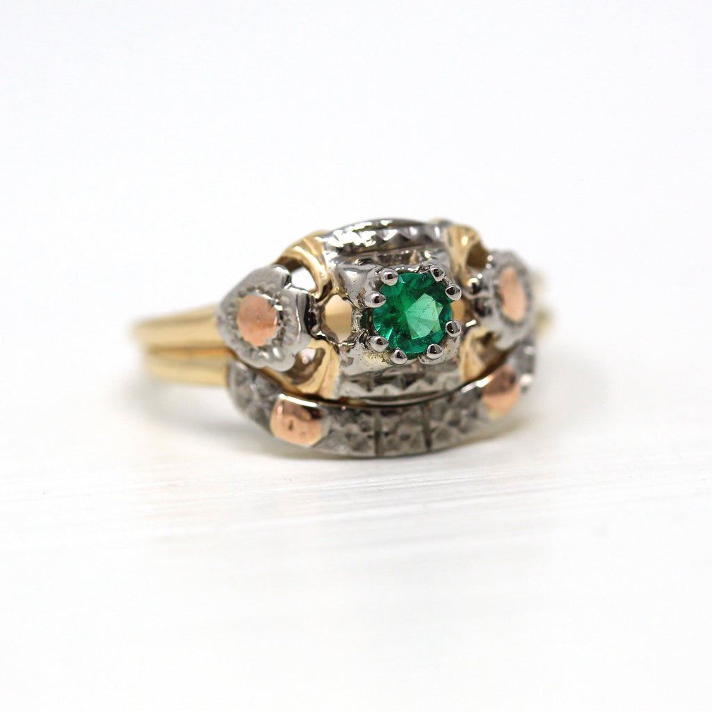Emerald Ring Set - Retro 14k 18k Yellow & White Gold Genuine .14 CT Solitaire Gem - Vintage Circa 1940s Size 6 Bridal Set 40s Fine Jewelry
