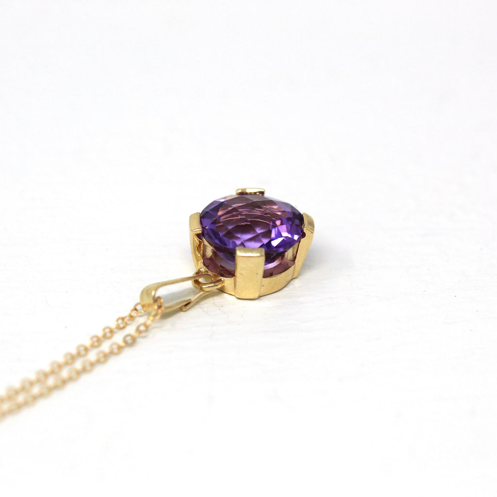 Genuine Amethyst Necklace - Estate 10k Yellow Gold Round Checkerboard Cut Purple Gem Pendant Charm - Modern February Birthstone Fine Jewelry