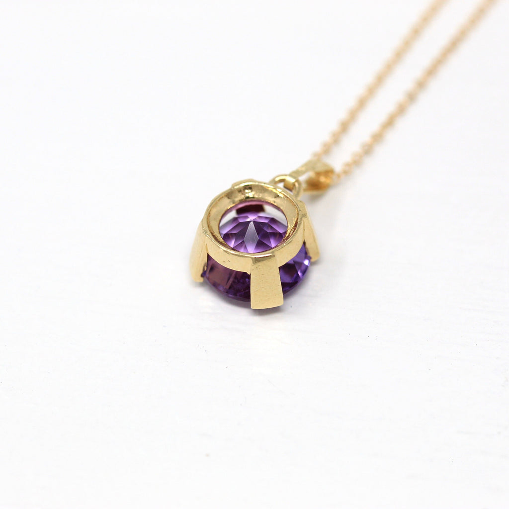 Genuine Amethyst Necklace - Estate 10k Yellow Gold Round Checkerboard Cut Purple Gem Pendant Charm - Modern February Birthstone Fine Jewelry