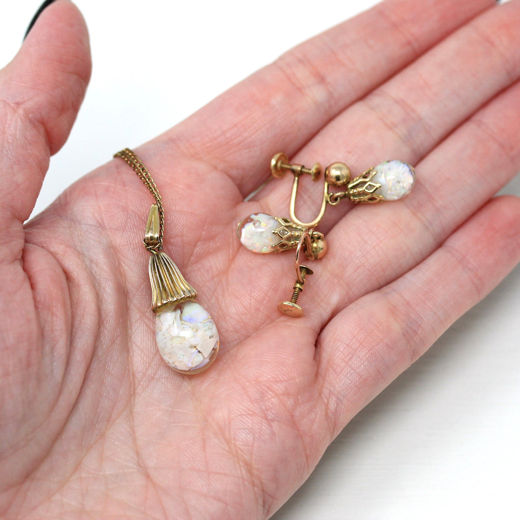 Floating Opal Jewelry Set - Retro 12k Gold Filled Genuine Gems Chips Orb Necklace - Vintage Circa 1940s Era Screw Back Earrings 40s Jewelry