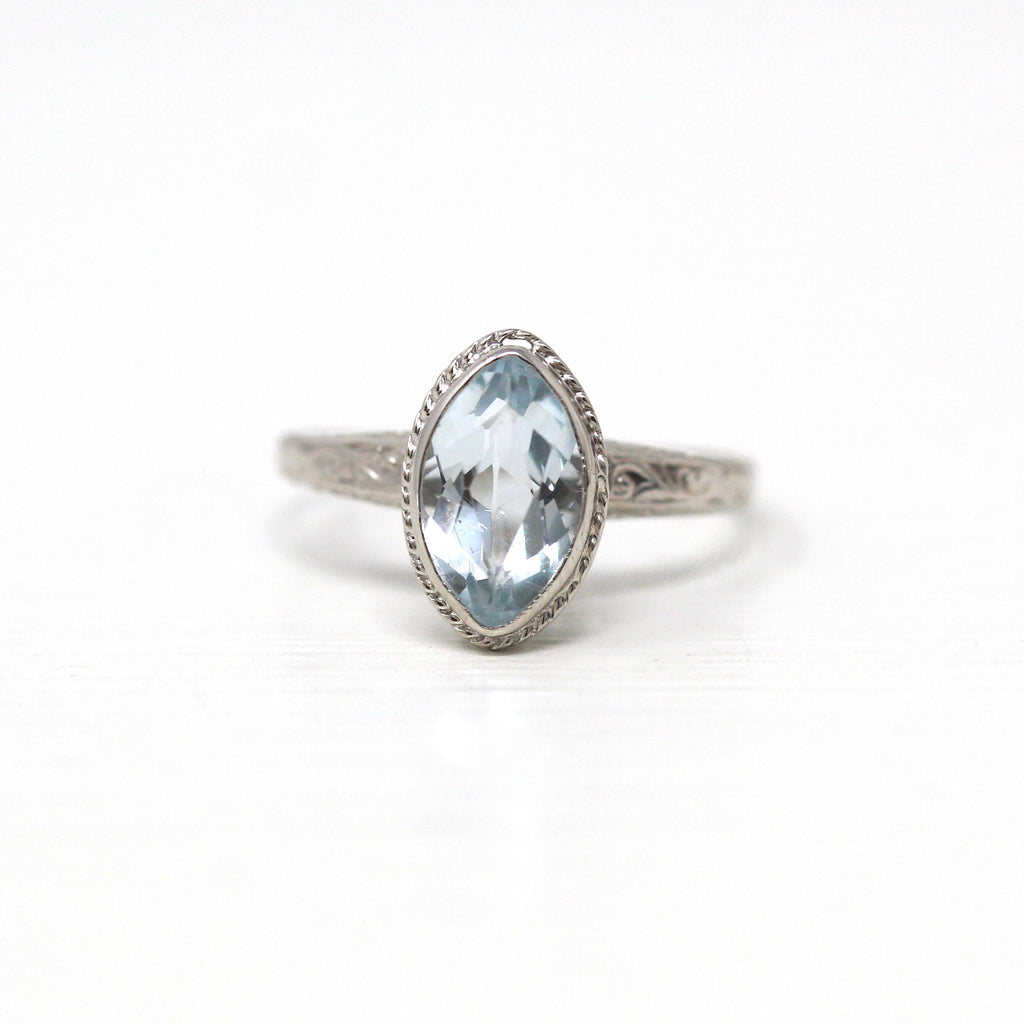 Genuine Aquamarine Ring - Art Deco 14k White Gold Marquise Cut 1.00 CT Blue Gem - Vintage Circa 1930s Era Size 5 March Birthstone Jewelry