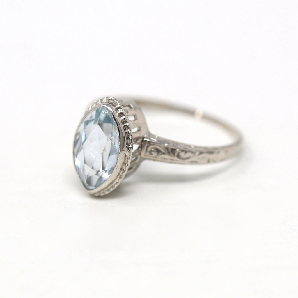 Genuine Aquamarine Ring - Art Deco 14k White Gold Marquise Cut 1.00 CT Blue Gem - Vintage Circa 1930s Era Size 5 March Birthstone Jewelry