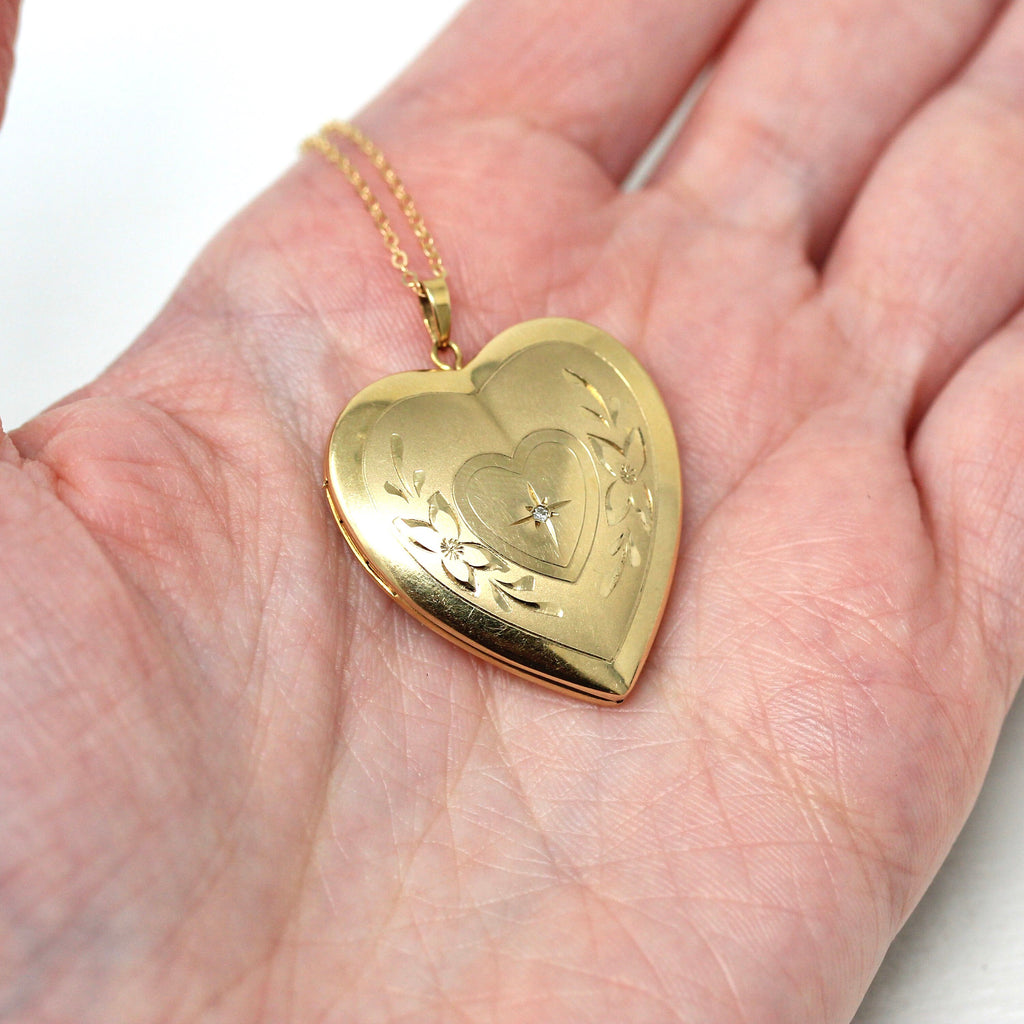 Vintage Heart Locket - Retro Solid 14k Yellow Gold Genuine Diamond Pendant Necklace - Circa 1970s Era Photograph Keepsake Tru Kay Jewelry