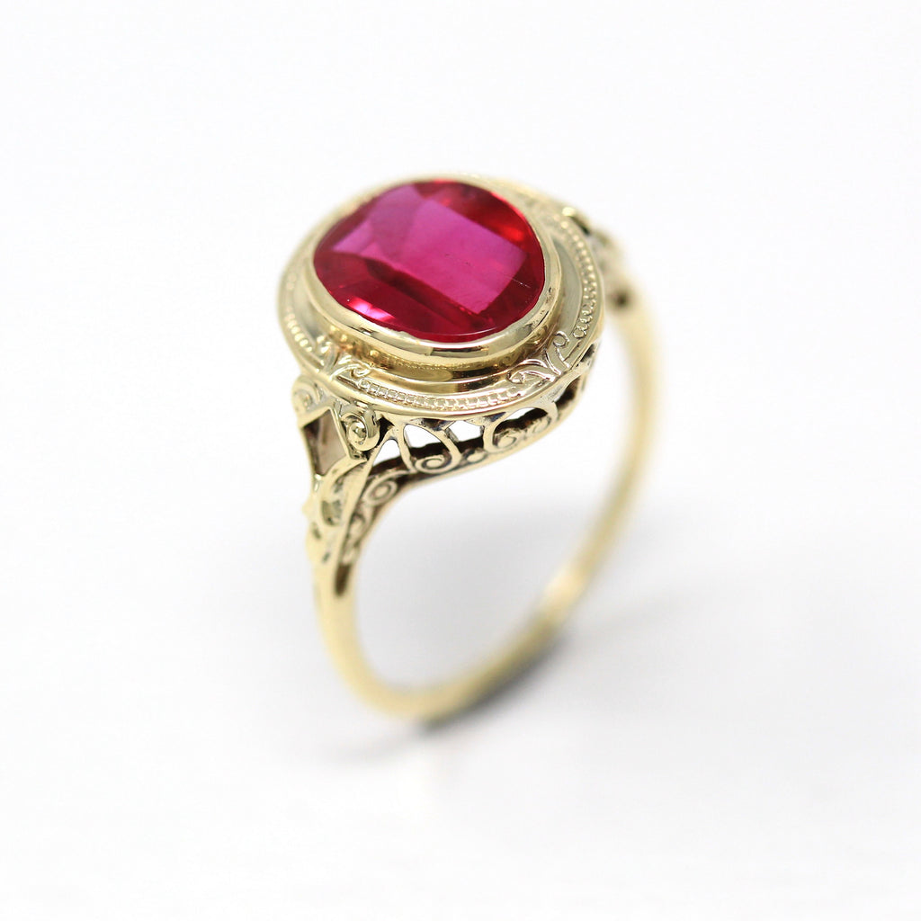 Created Ruby Ring - Art Deco 10k Yellow Gold Oval Fancy Cut Reddish Pink Stone - Vintage Circa 1930s Era Size 6 July Birthstone Fine Jewelry