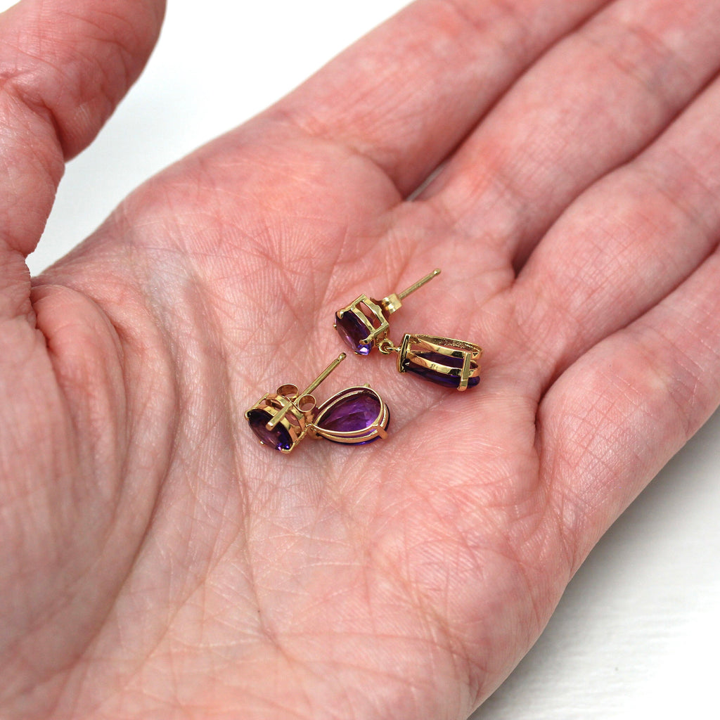 Genuine Amethyst Earrings - Modern 14k Yellow Gold Dangle Drop Push Backs - Estate Circa 2000s Purple Pear & Round Cut 3.62 CTW Gems Jewelry