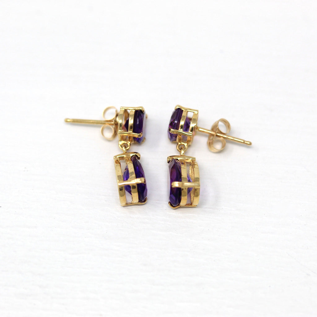 Genuine Amethyst Earrings - Modern 14k Yellow Gold Dangle Drop Push Backs - Estate Circa 2000s Purple Pear & Round Cut 3.62 CTW Gems Jewelry