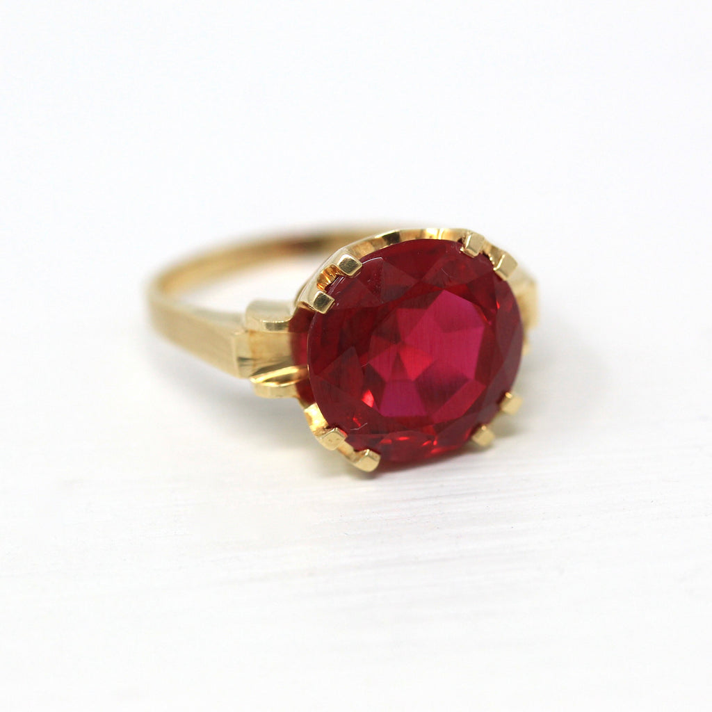 Created Ruby Ring - Retro 10k Yellow Gold Round Faceted 6.36 CT Red Stone - Vintage Circa 1940s Era Size 7 1/2 July Birthstone Fine Jewelry