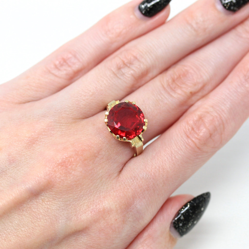 Created Ruby Ring - Retro 10k Yellow Gold Round Faceted 6.36 CT Red Stone - Vintage Circa 1940s Era Size 7 1/2 July Birthstone Fine Jewelry