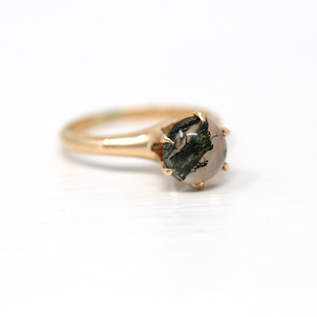 Moss Agate Ring - Edwardian 10k Yellow Gold Genuine Cabochon Cut 1.07 CT - Antique Circa 1910s Era Size 4 Solitaire Green Gem Fine Jewelry