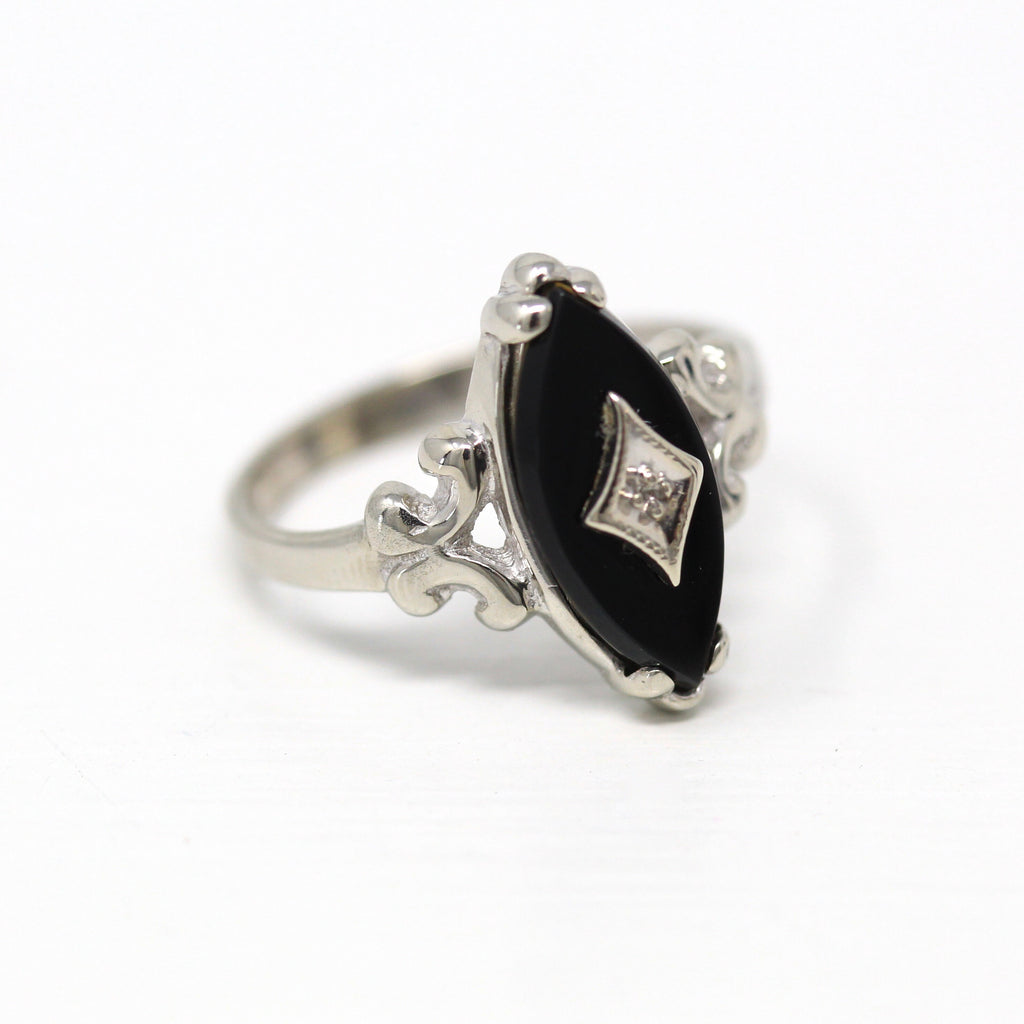 Genuine Onyx Ring - Retro 10k White Gold Marquise Cut Black Gemstone Diamond - Vintage Circa 1960s Era Size 7 Statement Fine GTR Jewelry