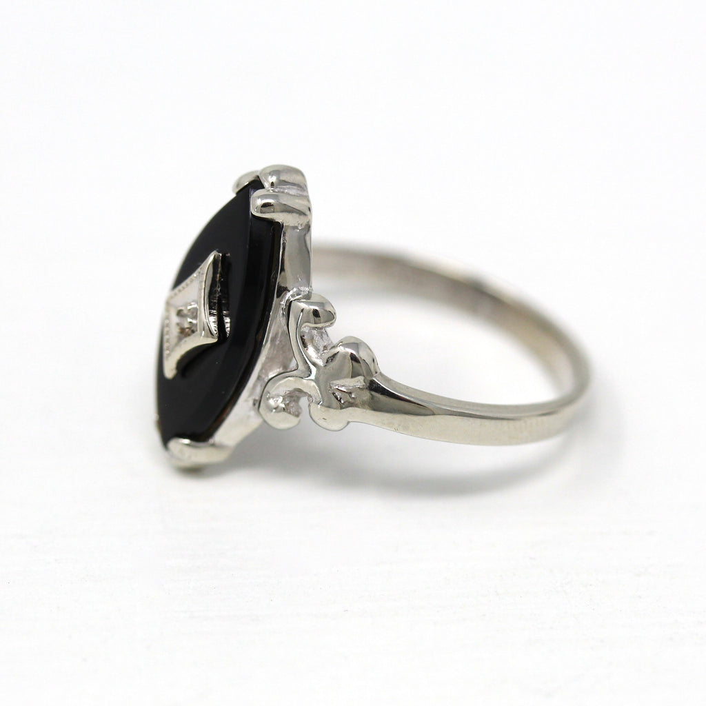 Genuine Onyx Ring - Retro 10k White Gold Marquise Cut Black Gemstone Diamond - Vintage Circa 1960s Era Size 7 Statement Fine GTR Jewelry