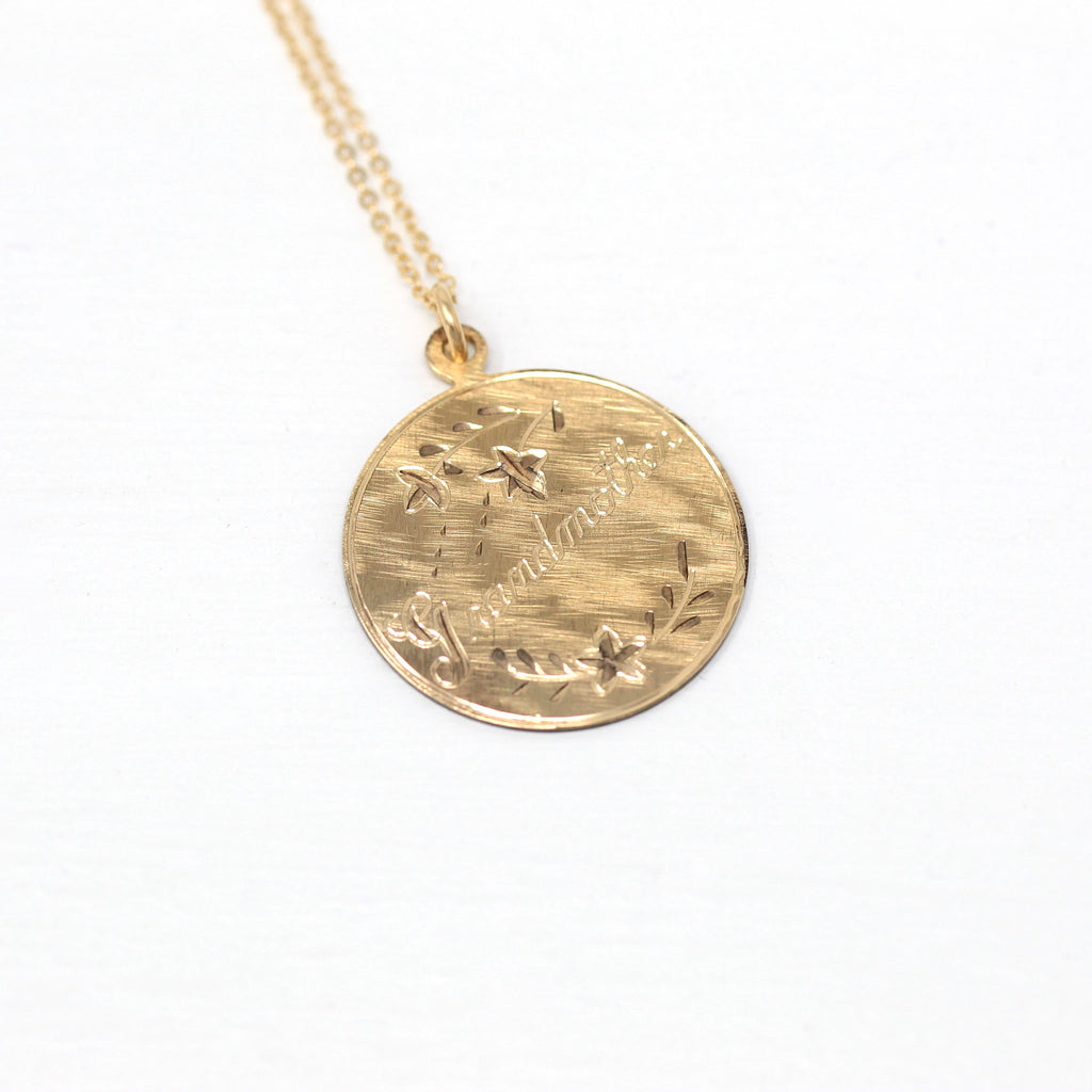 Retro Grandmother Pendant - Vintage 12k Yellow Gold Filled Round Statement Necklace - Circular Disc Grandma Charm Engraved Flower Jewelry
