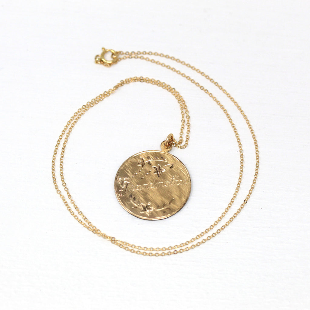 Retro Grandmother Pendant - Vintage 12k Yellow Gold Filled Round Statement Necklace - Circular Disc Grandma Charm Engraved Flower Jewelry
