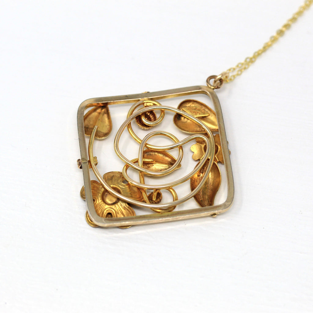 Vintage Flower Pendant - Retro 10k Two Tone Rose & Yellow Gold Filled Necklace - Circa 1940s Era Statement Square Fashion Accessory Jewelry