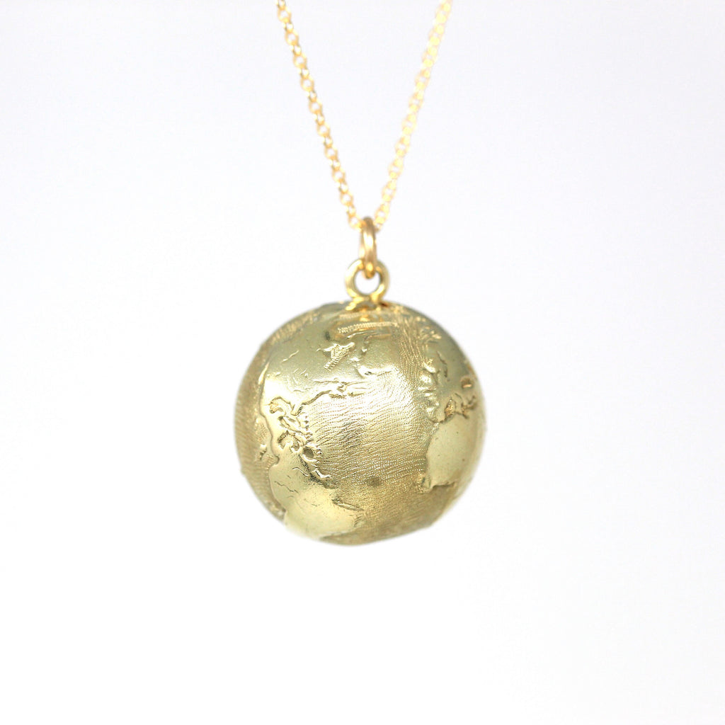 World Globe Charm - Retro 14k Yellow Gold Figural Round Continents Pendant Necklace - Vintage Circa 1970s Traveling Gift 70s Fine Jewelry