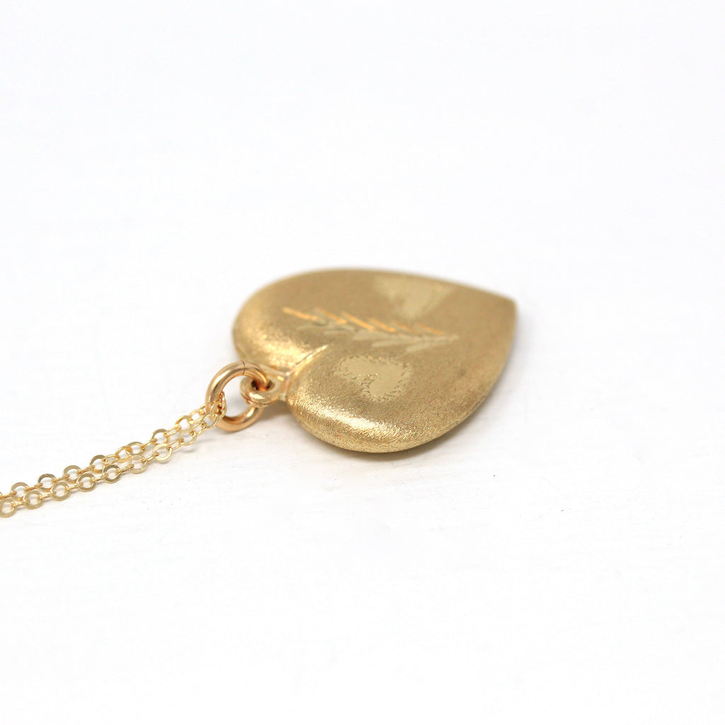 Puffy Heart Pendant - Estate 14k Yellow Gold Hollow Nature Inspired Design Charm Necklace - Vintage Circa 1990s Era Love Gift Fine Jewelry