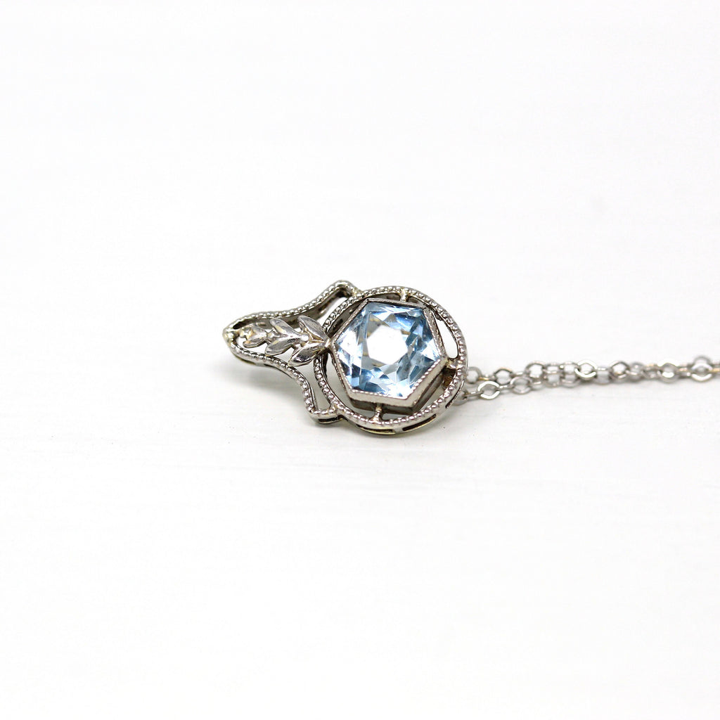 Genuine Aquamarine Charm - Art Deco 18k White Gold Blue Gem Necklace Pendant - Circa 1920s Era Stick Pin Conversion March 20s Fine Jewelry