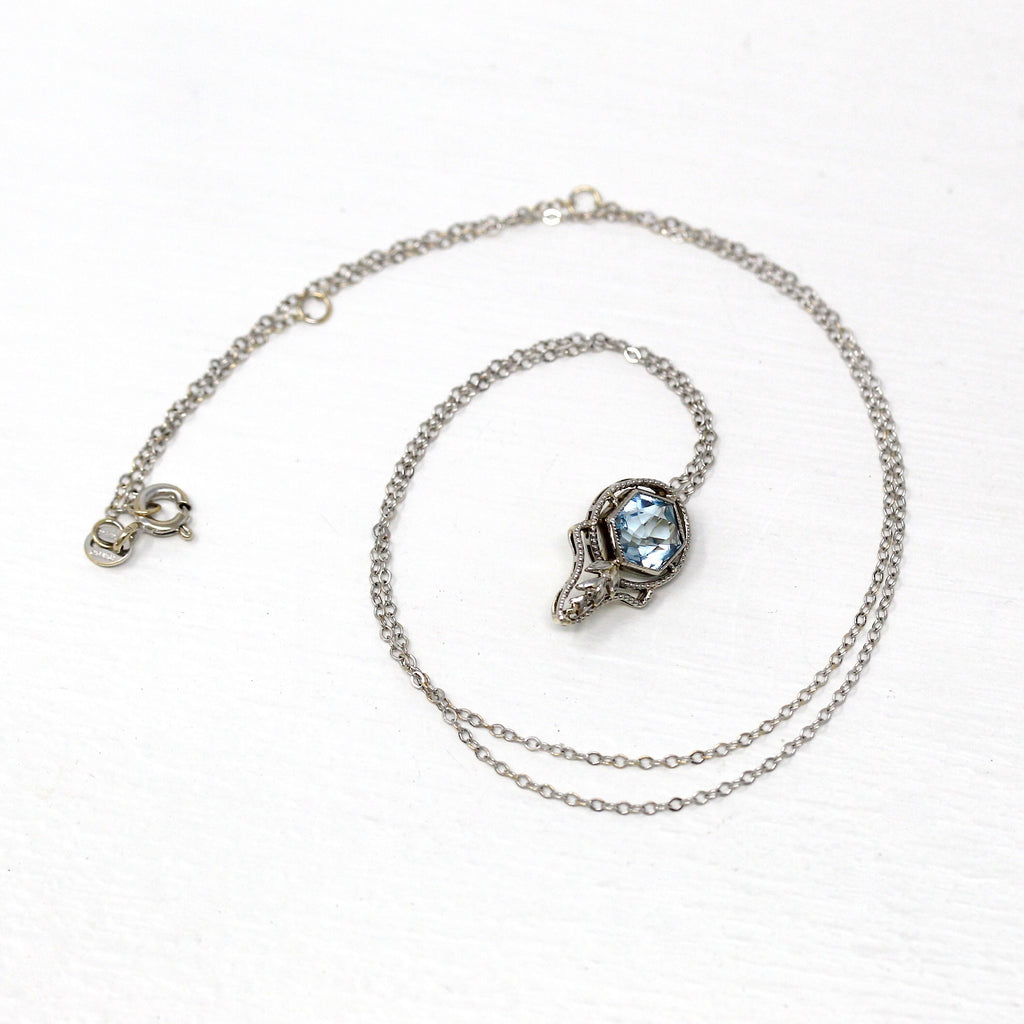 Genuine Aquamarine Charm - Art Deco 18k White Gold Blue Gem Necklace Pendant - Circa 1920s Era Stick Pin Conversion March 20s Fine Jewelry