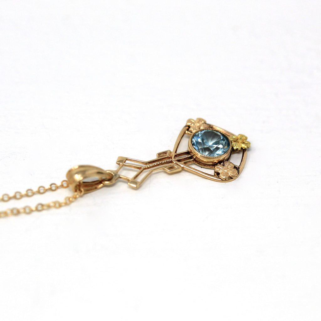 Blue Zircon Lavalier - Edwardian 10k Yellow Gold Genuine Blue 1.11 CT Gem Pendant - Antique Circa 1910s Era Floral Fine Ostby Barton Jewelry