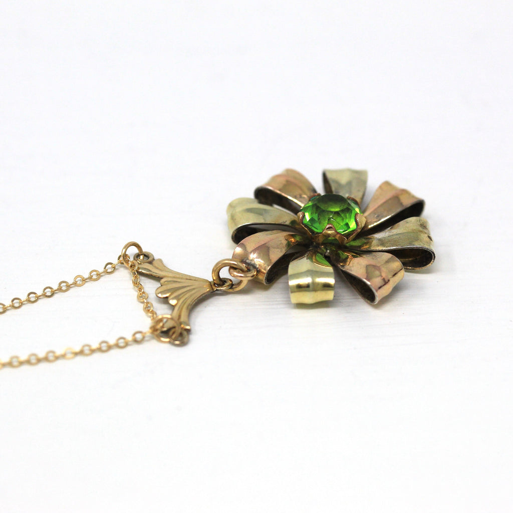 Retro Lavalier Necklace - Vintage Yellow Gold Filled Simulated Peridot Green Glass Pinwheel Flower - Circa 1940s Statement Floral Jewelry