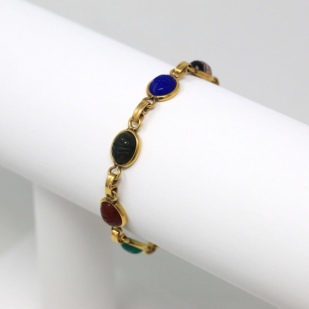 Vintage Scarab Bracelet - Retro 12k Gold Filled Carved Genuine Gems - Circa 1960s Era Egyptian Revival Style Bloodstone Van Dell 60s Jewelry