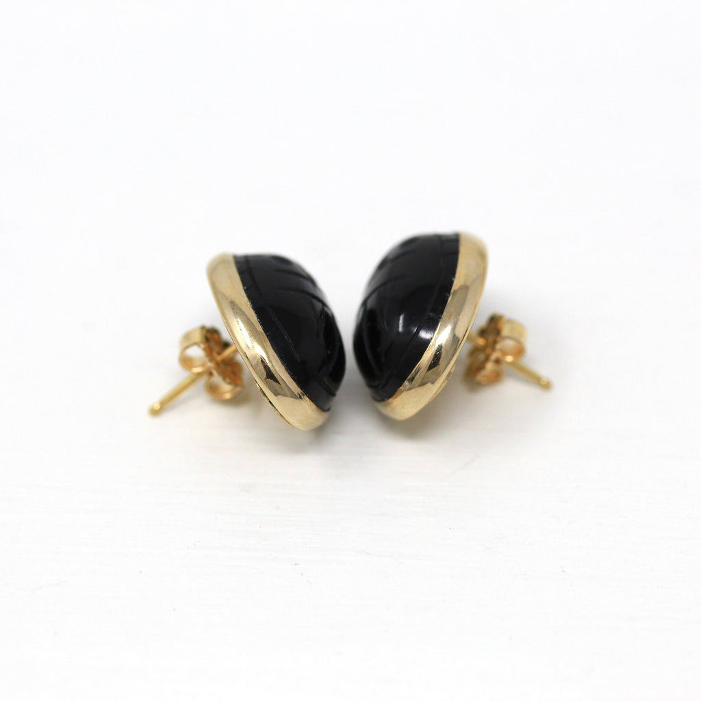 Vintage Scarab Earrings - Retro 14k Gold Filled Carved Genuine Black Onyx Gemstones - Circa 1960s Era Egyptian Revival Style Beetle Jewelry
