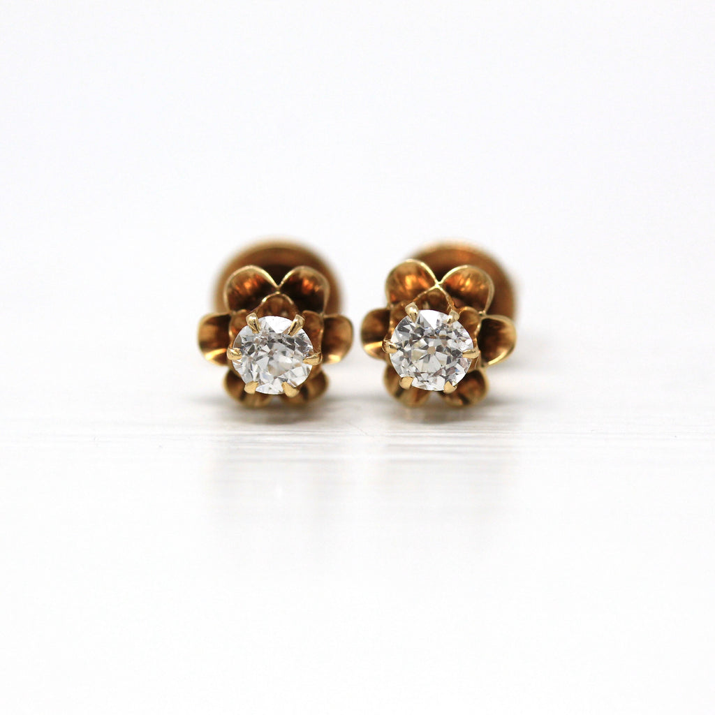 Genuine Diamond Earrings - Edwardian 14k Yellow Gold Buttercup Old European .30 CTW Gems - Antique Circa 1900s Era Threaded Fine Jewelry