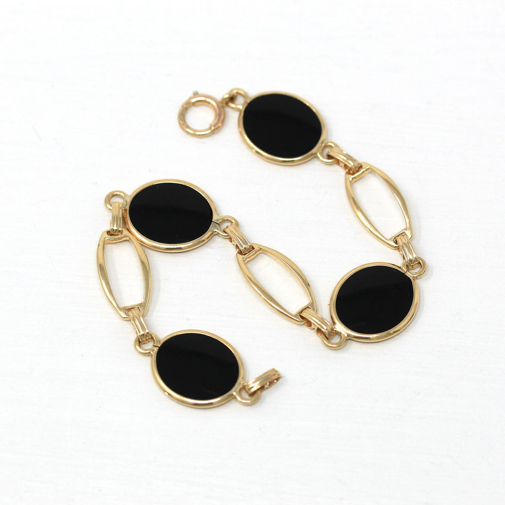 Vintage Onyx Bracelet - Retro 10k Yellow Gold Genuine Oval Black Gemstones Panel - Circa 1940s Era 6 3/4 Inches Statement 40s Fine Jewelry